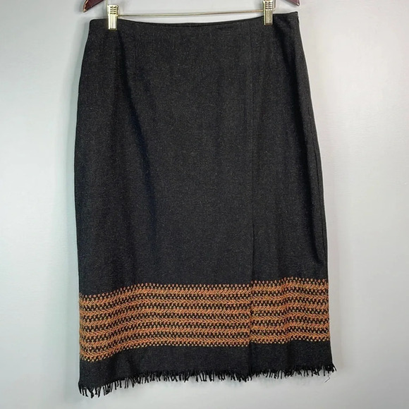VINTAGE D’Allaird Wool Fringed Midi Skirt Dark Charcoal Burnt Orange Size Large - Picture 11 of 11